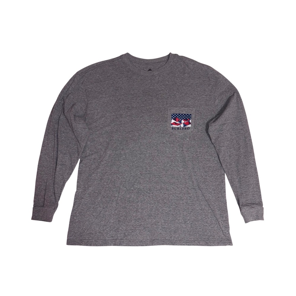 BURLEBO Long Sleeve Shirt Men XL Gray American Flag Mountain Pocket Tee Graphic